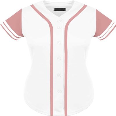 DIGITMON Women's Baseball Softball Jersey Button Down Premium Two-Stripe Sleeve Shirts Uniform WHITEPINK, X-Small