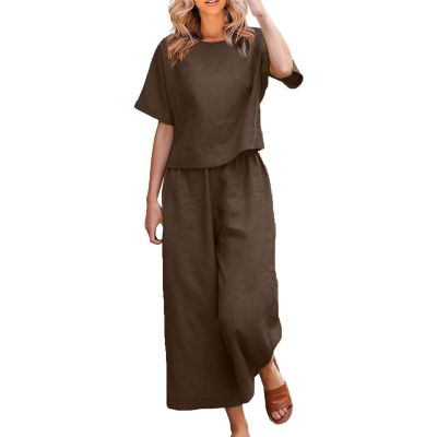 Women's Cotton Linen Two Piece Work Suits Summer Ladies Oversized Tops and Pants Sets Dressy Casual Solid Outfits