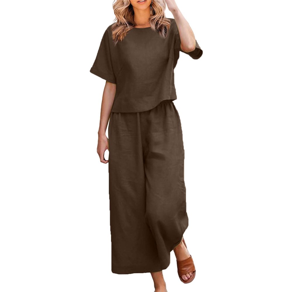 Women's Cotton Linen Two Piece Work Suits Summer Ladies Oversized Tops and Pants Sets Dressy Casual Solid Outfits