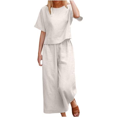 Women's Cotton Linen Two Piece Work Suits Summer Ladies Oversized Tops and Pants Sets Dressy Casual Solid Outfits