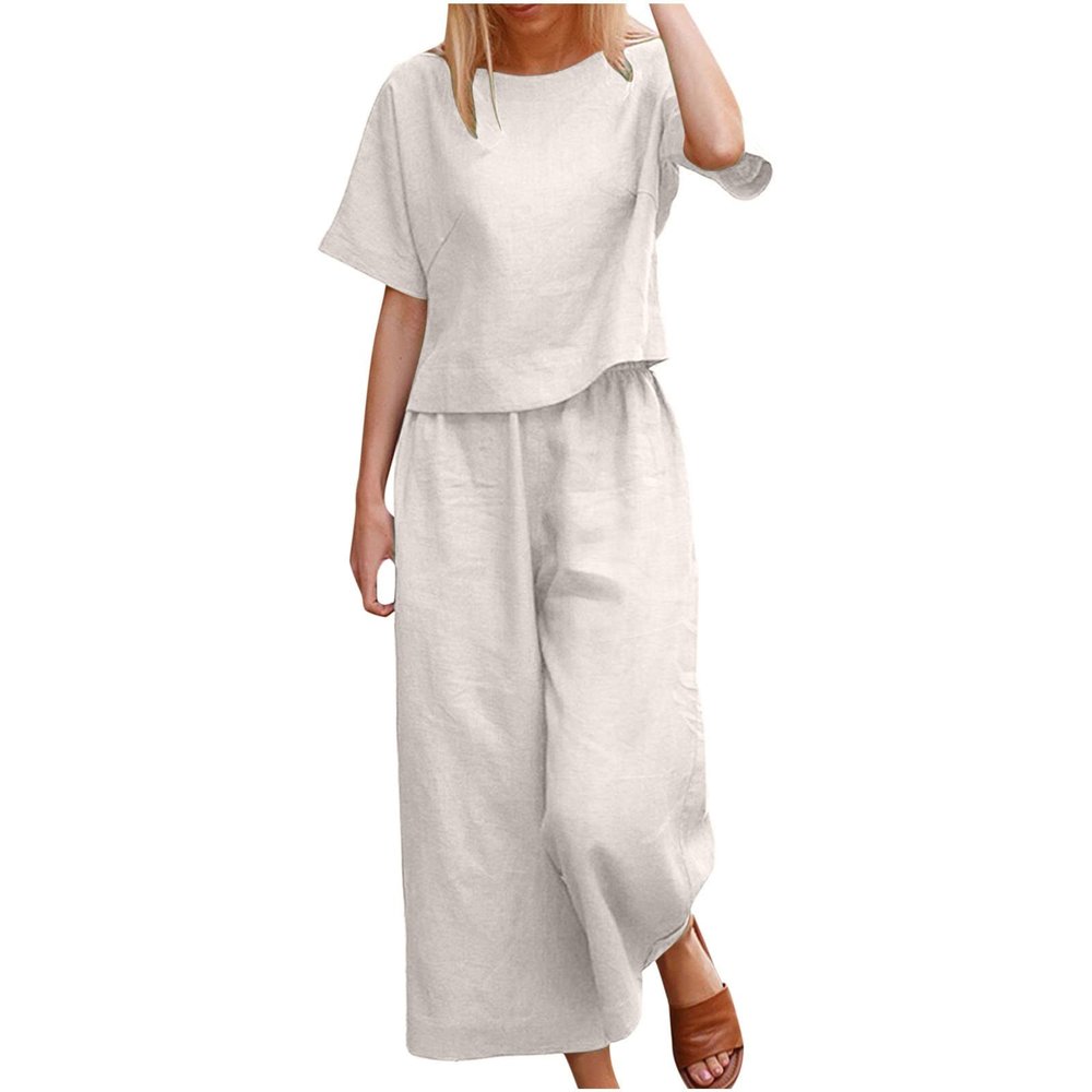 Women's Cotton Linen Two Piece Work Suits Summer Ladies Oversized Tops and Pants Sets Dressy Casual Solid Outfits