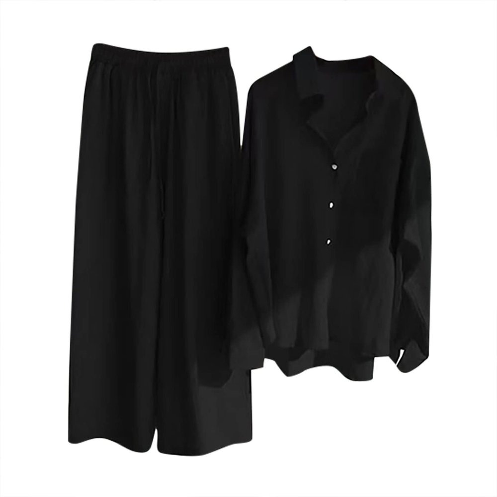 Women's Cotton Linen Two Piece Work Suits Summer Ladies Oversized Tops and Pants Sets Dressy Casual Solid Outfits