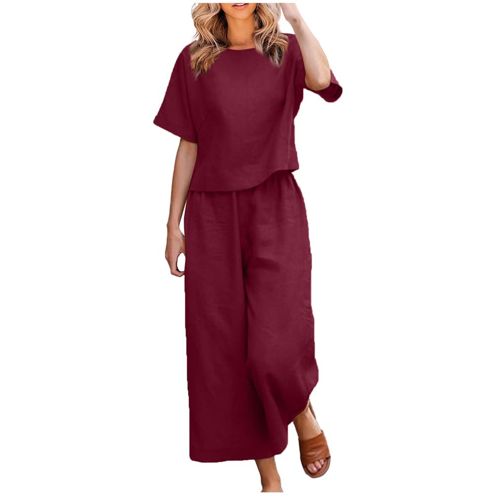 Women's Cotton Linen Two Piece Work Suits Summer Ladies Oversized Tops and Pants Sets Dressy Casual Solid Outfits