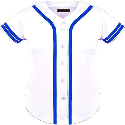 DIGITMON Women's Baseball Softball Jersey Button Down Premium Two-Stripe Sleeve Shirts Uniform WHITEROYAL2, 2X-Large