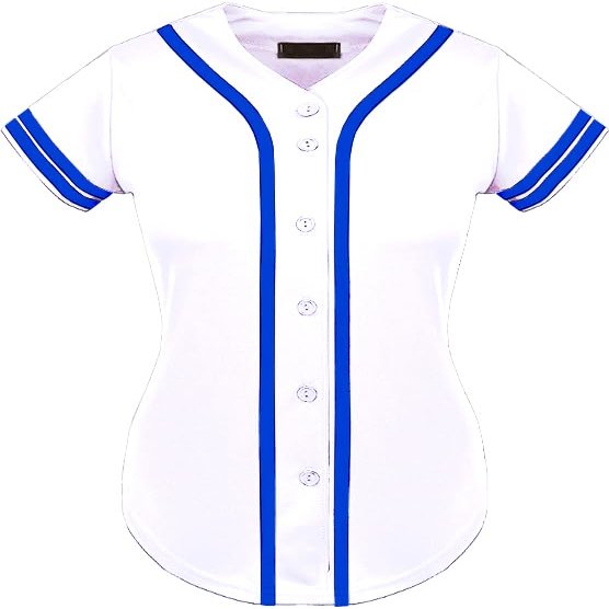 DIGITMON Women's Baseball Softball Jersey Button Down Premium Two-Stripe Sleeve Shirts Uniform WHITEROYAL2, 2X-Large