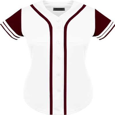 DIGITMON Women's Baseball Softball Jersey Button Down Premium Two-Stripe Sleeve Shirts Uniform WHITEBURGUNDY, Small