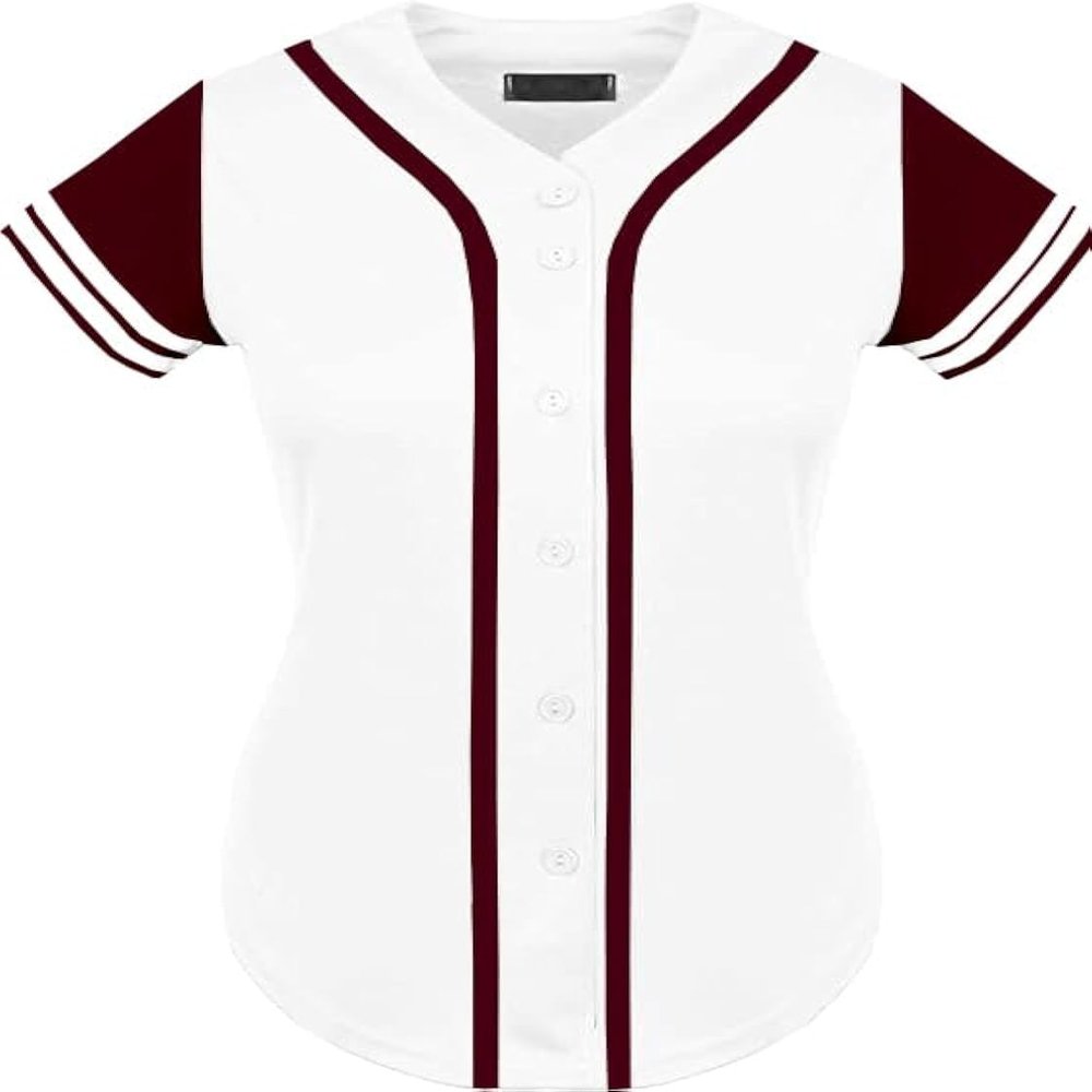 DIGITMON Women's Baseball Softball Jersey Button Down Premium Two-Stripe Sleeve Shirts Uniform WHITEBURGUNDY, Small