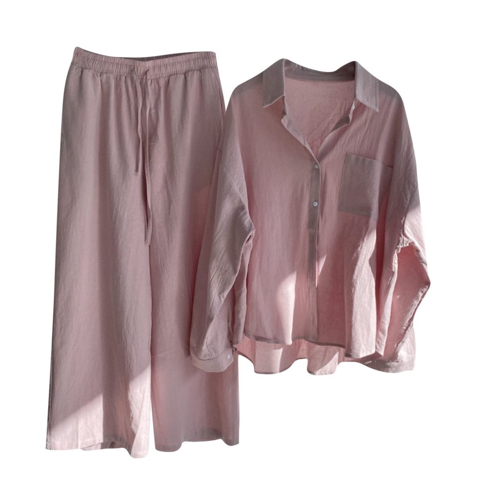 Women's Cotton Linen Two Piece Work Suits Summer Ladies Oversized Tops and Pants Sets Dressy Casual Solid Outfits