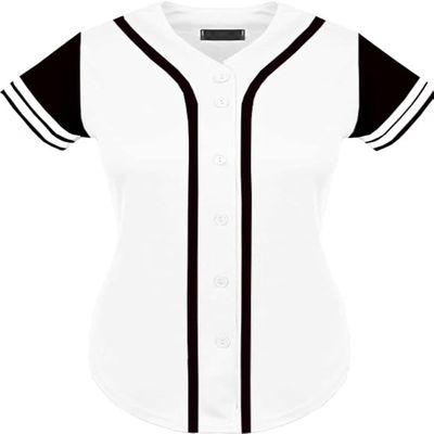 DIGITMON Women's Baseball Softball Jersey Button Down Premium Two-Stripe Sleeve Shirts Uniform WHITEBLACK, X-Small