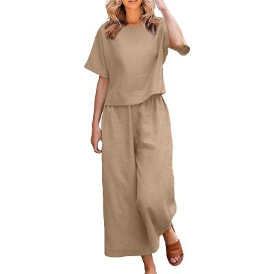 Women's Cotton Linen Two Piece Work Suits Summer Ladies Oversized Tops and Pants Sets Dressy Casual Solid Outfits