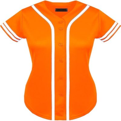 DIGITMON Women's Baseball Softball Jersey Button Down Premium Two-Stripe Sleeve Shirts Uniform ORANGEWHITE, X-Small