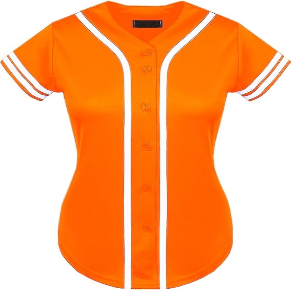 DIGITMON Women's Baseball Softball Jersey Button Down Premium Two-Stripe Sleeve Shirts Uniform ORANGEWHITE, X-Small