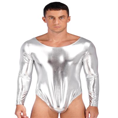 Eandarui Men's One-Piece Bodysuits Leotard Shiny Long Sleeve Jumpsuits Unitard Nightclub Party Romper Silver 3X-Large