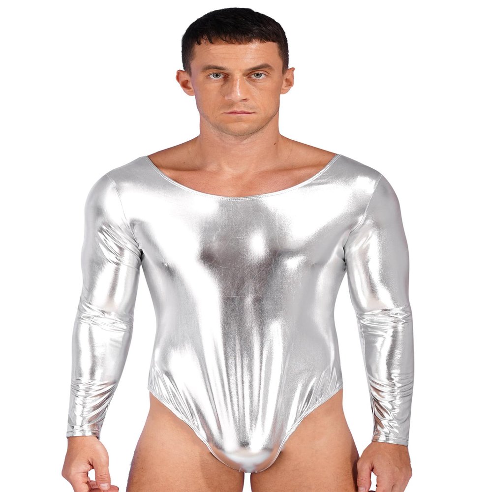 Eandarui Men's One-Piece Bodysuits Leotard Shiny Long Sleeve Jumpsuits Unitard Nightclub Party Romper Silver 3X-Large