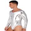 Eandarui Men's One-Piece Bodysuits Leotard Shiny Long Sleeve Jumpsuits Unitard Nightclub Party Romper Silver 3X-Large view 2