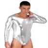 Eandarui Men's One-Piece Bodysuits Leotard Shiny Long Sleeve Jumpsuits Unitard Nightclub Party Romper Silver 3X-Large view 3