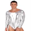 Eandarui Men's One-Piece Bodysuits Leotard Shiny Long Sleeve Jumpsuits Unitard Nightclub Party Romper Silver 3X-Large view 4