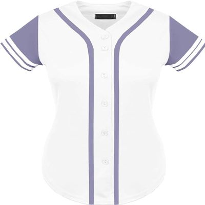 DIGITMON Women's Baseball Softball Jersey Button Down Premium Two-Stripe Sleeve Shirts Uniform WHITELAVENDER, Large