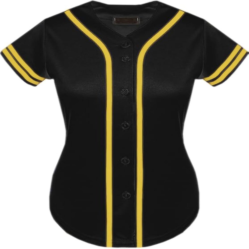 DIGITMON Women's Baseball Softball Jersey Button Down Premium Two-Stripe Sleeve Shirts Uniform BLACKYELLOW, Small