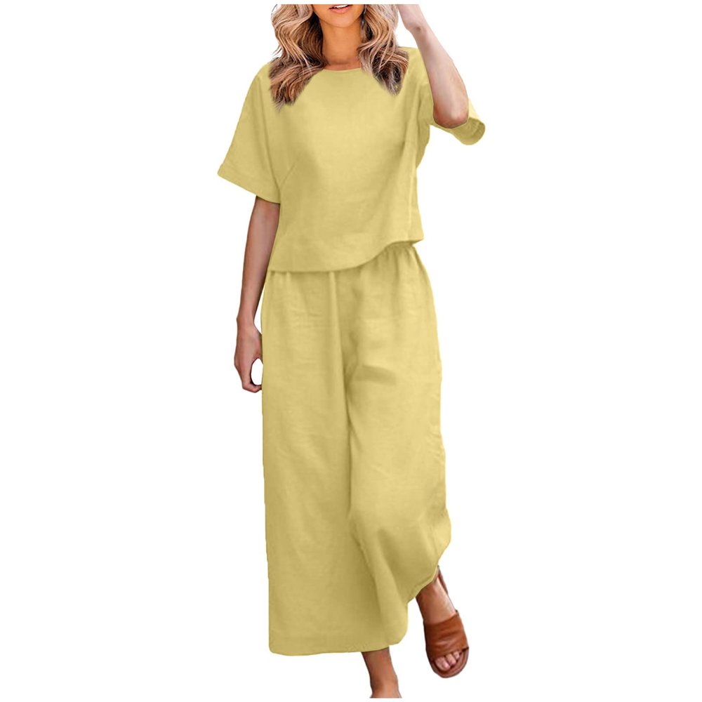 Women's Cotton Linen Two Piece Work Suits Summer Ladies Oversized Tops and Pants Sets Dressy Casual Solid Outfits