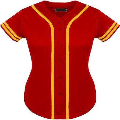 DIGITMON Women's Baseball Softball Jersey Button Down Premium Two-Stripe Sleeve Shirts Uniform REDGOLD, X-Large