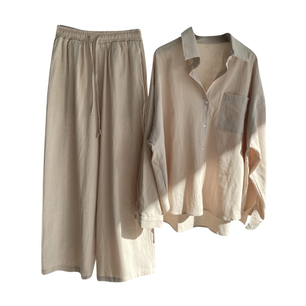 Women's Cotton Linen Two Piece Work Suits Summer Ladies Oversized Tops and Pants Sets Dressy Casual Solid Outfits