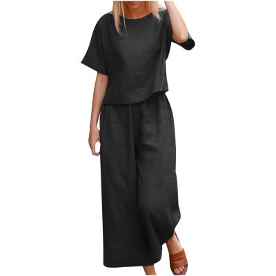 Women's Cotton Linen Two Piece Work Suits Summer Ladies Oversized Tops and Pants Sets Dressy Casual Solid Outfits