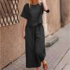 Women's Cotton Linen Two Piece Work Suits Summer Ladies Oversized Tops and Pants Sets Dressy Casual Solid Outfits view 4