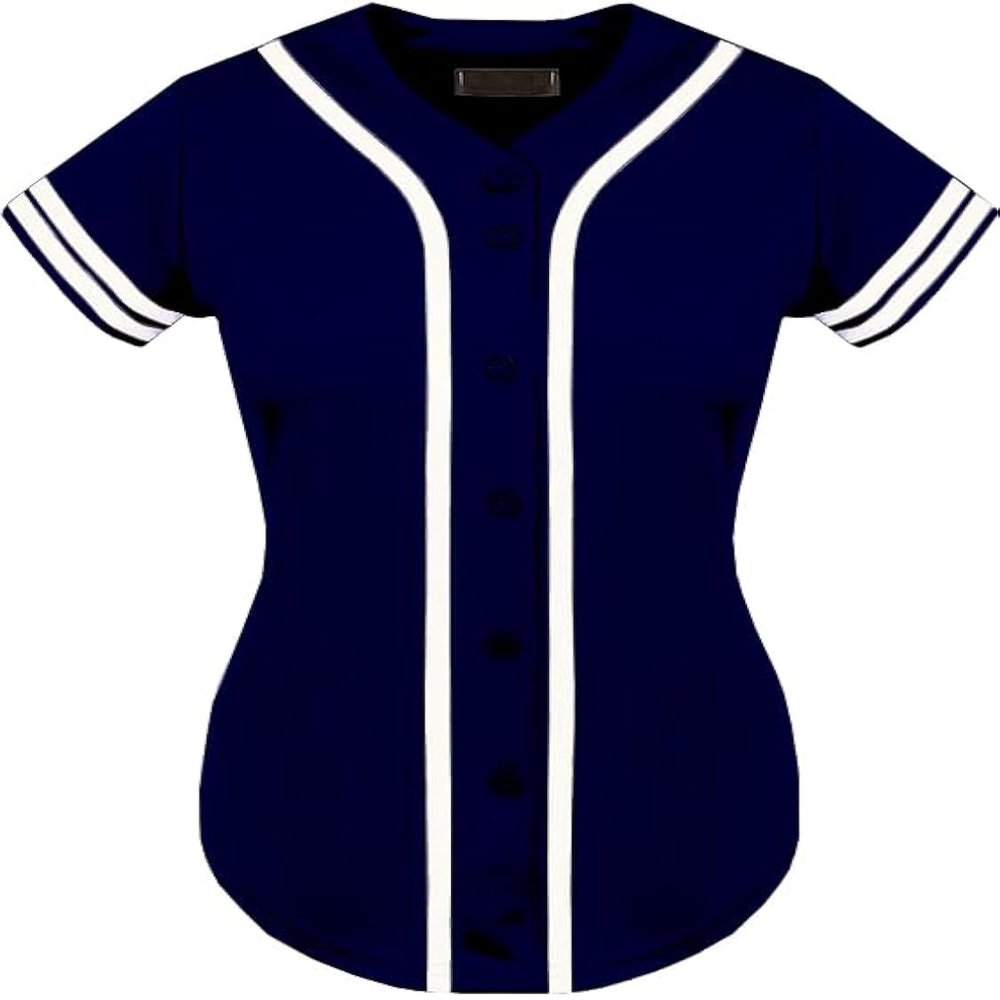 DIGITMON Women's Baseball Softball Jersey Button Down Premium Two-Stripe Sleeve Shirts Uniform NAVYWHITE, X-Large