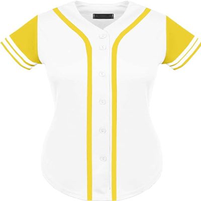 DIGITMON Women's Baseball Softball Jersey Button Down Premium Two-Stripe Sleeve Shirts Uniform WHITEYELLOW, X-Large
