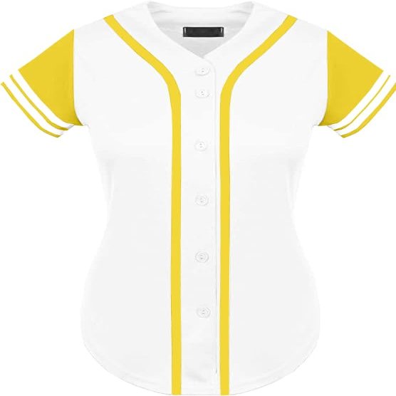 DIGITMON Women's Baseball Softball Jersey Button Down Premium Two-Stripe Sleeve Shirts Uniform WHITEYELLOW, X-Large