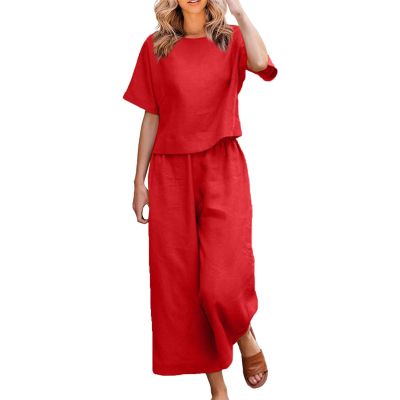 Women's Cotton Linen Two Piece Work Suits Summer Ladies Oversized Tops and Pants Sets Dressy Casual Solid Outfits