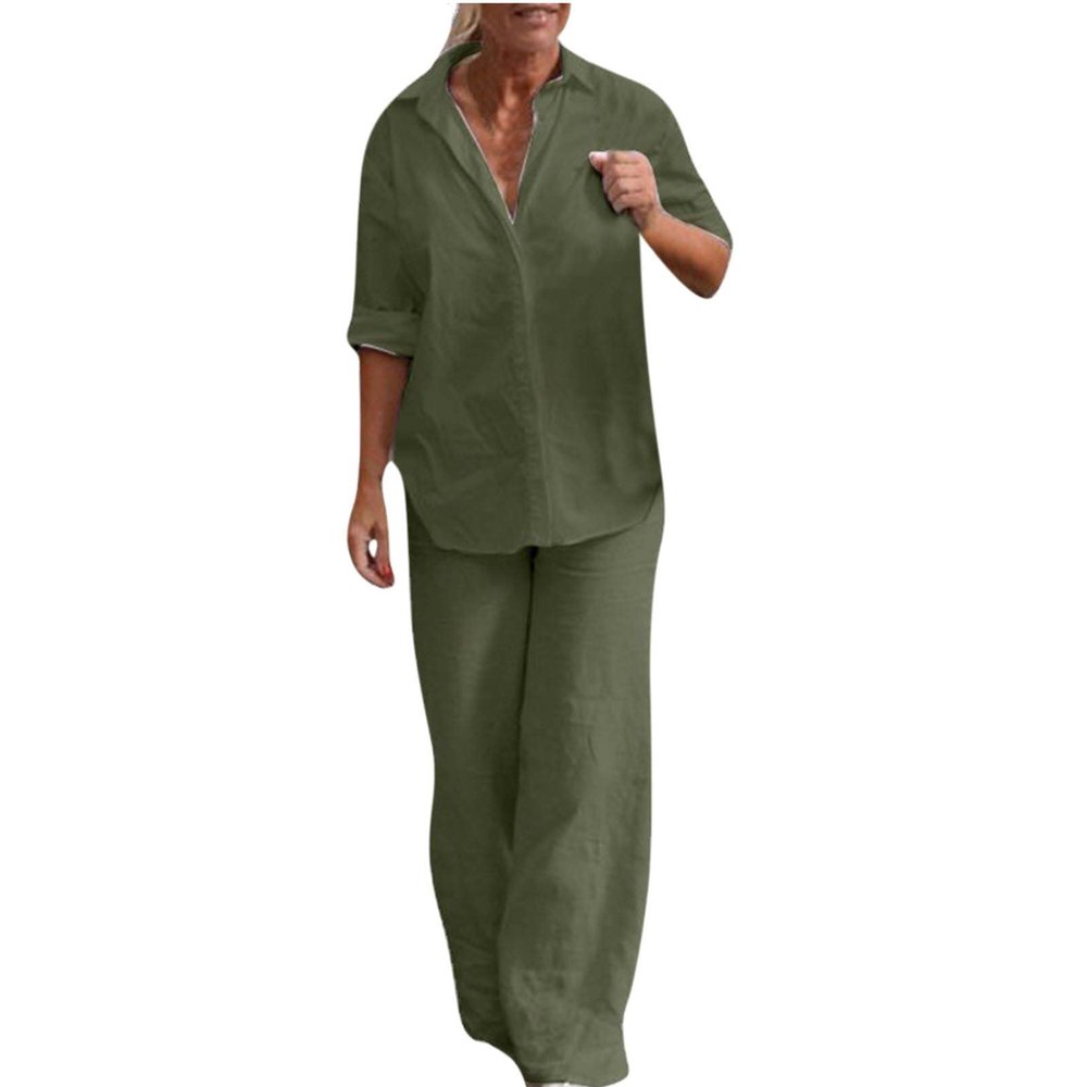 Women's Cotton Linen Two Piece Work Suits Summer Ladies Oversized Tops and Pants Sets Dressy Casual Solid Outfits