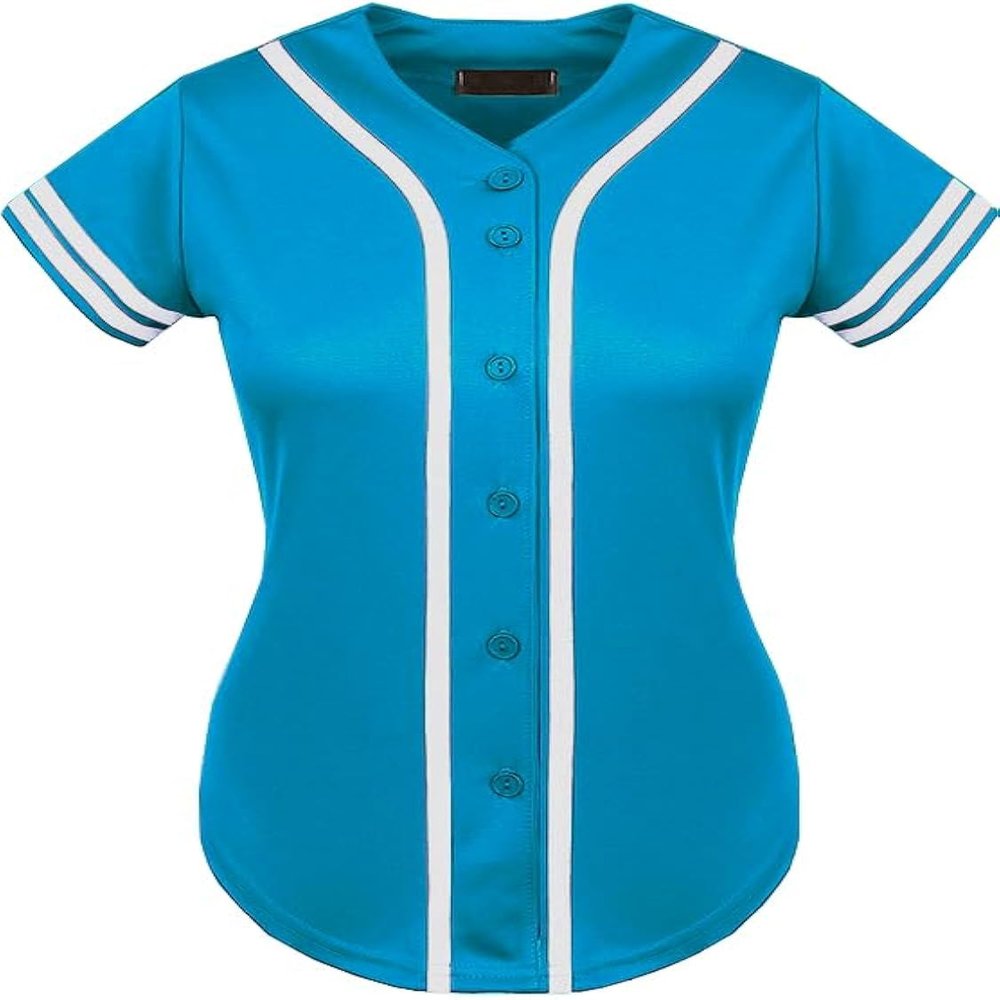 DIGITMON Women's Baseball Softball Jersey Button Down Premium Two-Stripe Sleeve Shirts Uniform TURQWHITE, Small