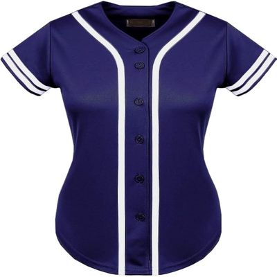 DIGITMON Women's Baseball Softball Jersey Button Down Premium Two-Stripe Sleeve Shirts Uniform PURPLEWHITE, X-Large