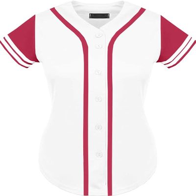 DIGITMON Women's Baseball Softball Jersey Button Down Premium Two-Stripe Sleeve Shirts Uniform WHITEHOTPINK, Small