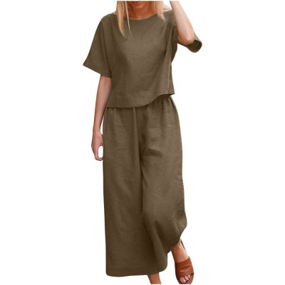 Women's Cotton Linen Two Piece Work Suits Summer Ladies Oversized Tops and Pants Sets Dressy Casual Solid Outfits