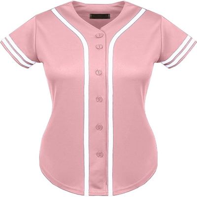 DIGITMON Women's Baseball Softball Jersey Button Down Premium Two-Stripe Sleeve Shirts Uniform PINKWHITE, Large
