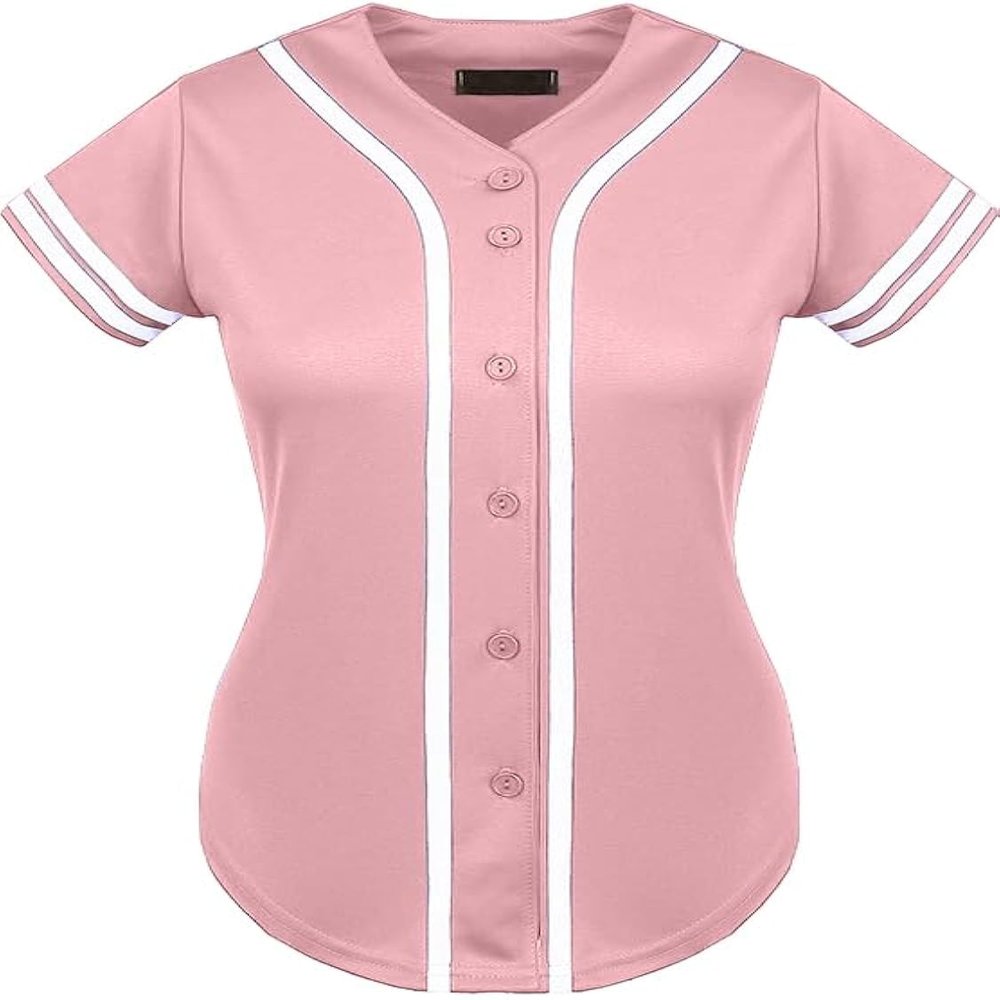 DIGITMON Women's Baseball Softball Jersey Button Down Premium Two-Stripe Sleeve Shirts Uniform PINKWHITE, Large