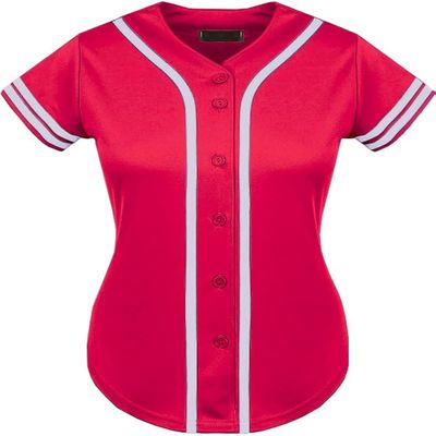 DIGITMON Women's Baseball Softball Jersey Button Down Premium Two-Stripe Sleeve Shirts Uniform HOTPINKWHITE, X-Small
