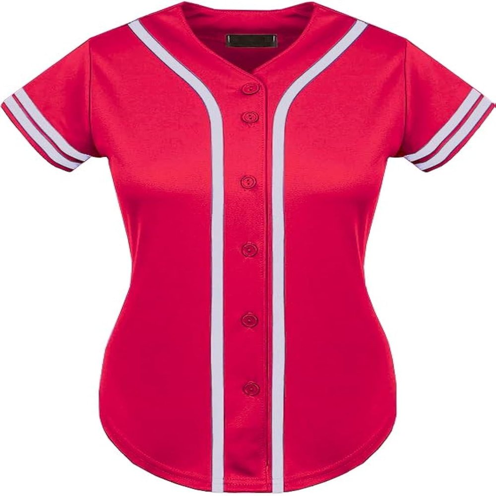 DIGITMON Women's Baseball Softball Jersey Button Down Premium Two-Stripe Sleeve Shirts Uniform HOTPINKWHITE, X-Small