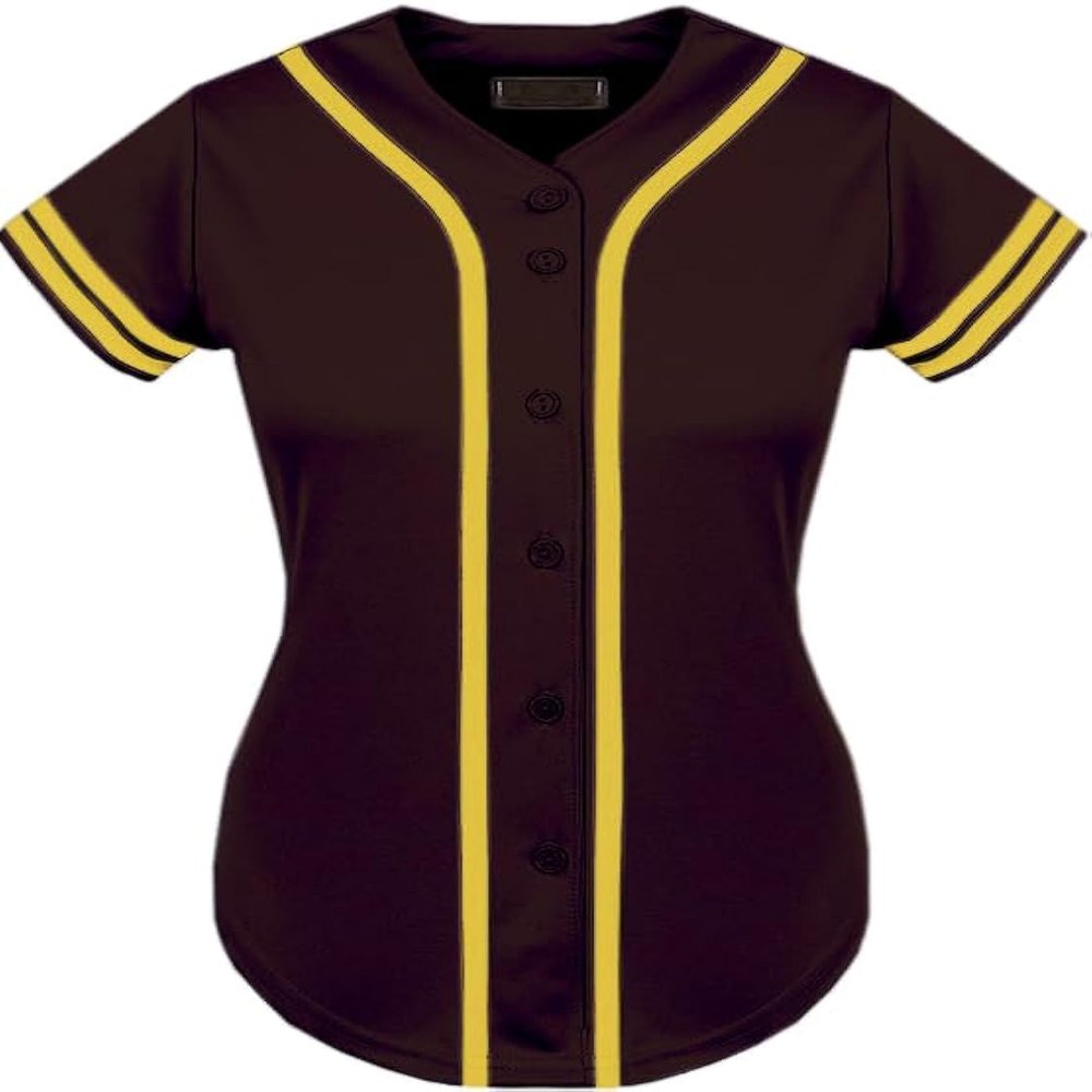 DIGITMON Women's Baseball Softball Jersey Button Down Premium Two-Stripe Sleeve Shirts Uniform BROWNYELLOW, Medium