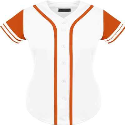 DIGITMON Women's Baseball Softball Jersey Button Down Premium Two-Stripe Sleeve Shirts Uniform WHITEORANGE, X-Small