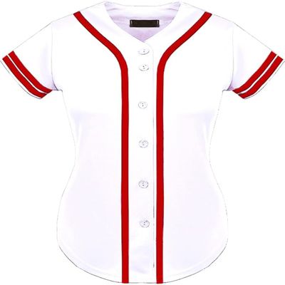 DIGITMON Women's Baseball Softball Jersey Button Down Premium Two-Stripe Sleeve Shirts Uniform WHITERED2, Small