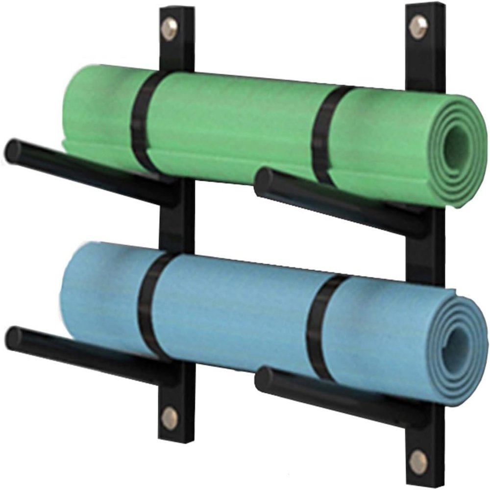 Katzowen Wall Mount Organizer Stand Black Yoga Mat Storage Rack Shelf, for Pilates Exercise Mats/Foam Rollers/Resistance Bands, Up to 6 Inch Diameter (Size : 2-Tier)