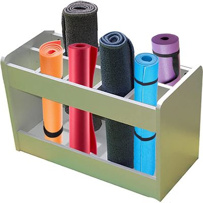 Katzowen White Large Capacity Wood Yoga Mat Storage Organizers Rack, Floor Standing Sturdy 10 Compartment Pilates Mats/Foam Roller Display Stand Holder, School Yoga Studio (Size : Medium)