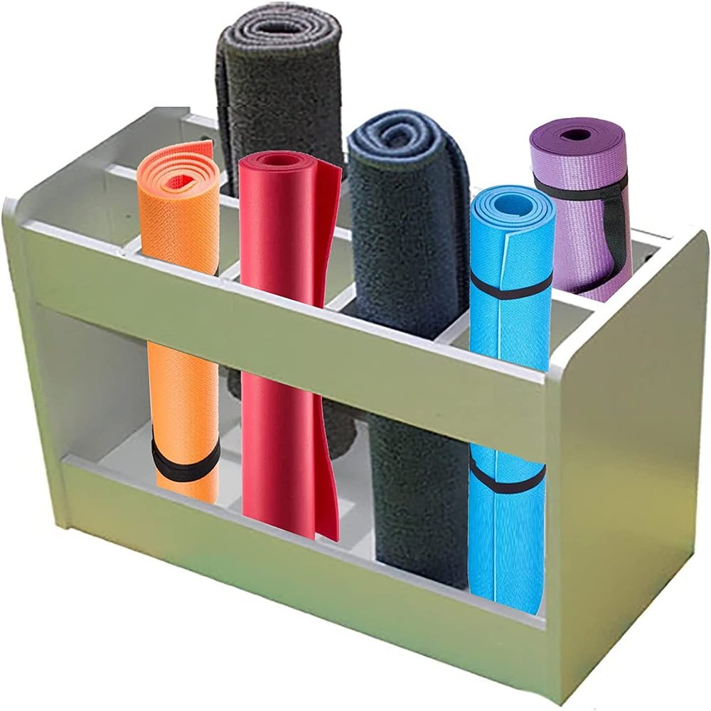 Katzowen White Large Capacity Wood Yoga Mat Storage Organizers Rack, Floor Standing Sturdy 10 Compartment Pilates Mats/Foam Roller Display Stand Holder, School Yoga Studio (Size : Medium)