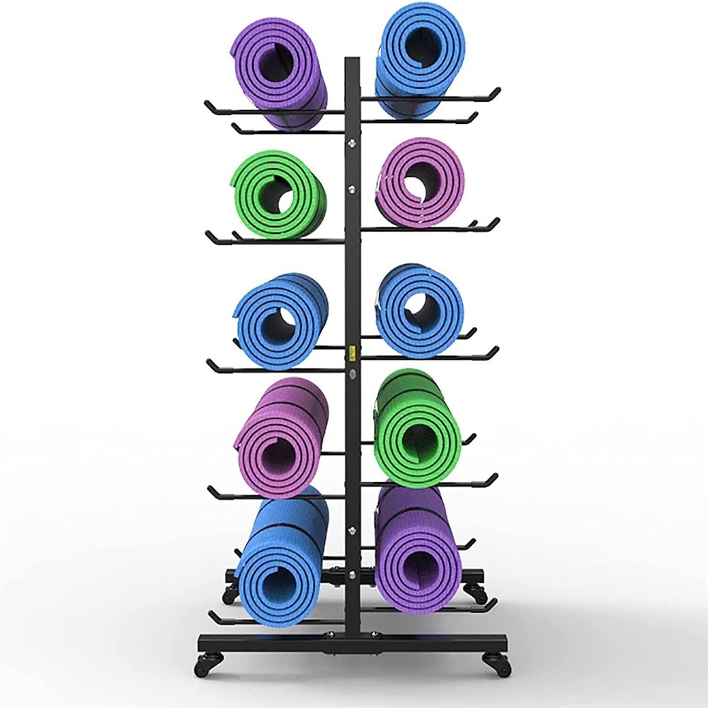 Katzowen Extra Large Rolling Yoga Mat Storage Cart with Wheels, Black Foam Rollers Rack for Gym Studio Office Fitness Room, Metal Yoga Mat Display Stand