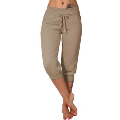 Canbebig Sweatpants for Women Capri Pants Cropped Jogger Running Pants Lounge Loose Fit Drawstring Waist Trousers with Pockets Khaki