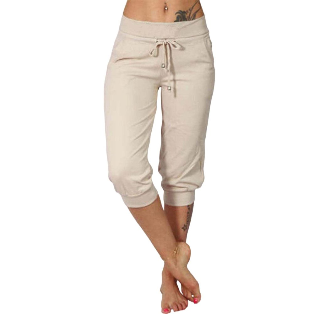 Canbebig Sweatpants for Women Capri Pants Cropped Jogger Running Pants Lounge Loose Fit Drawstring Waist Trousers with Pockets Beige